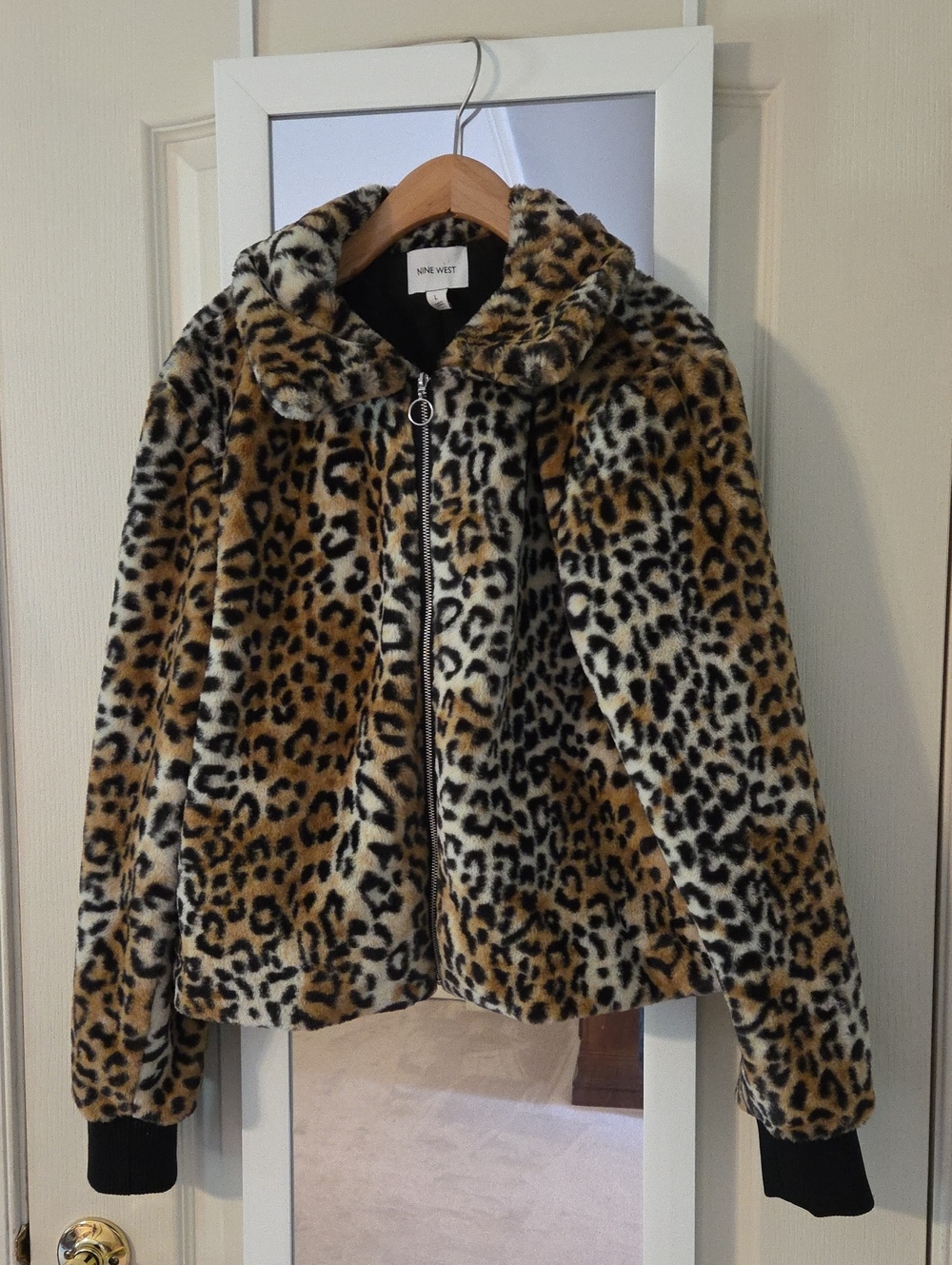Nine West Women's Faux Fur Leopard Print Jacket - Tan/Black/White - Sz L